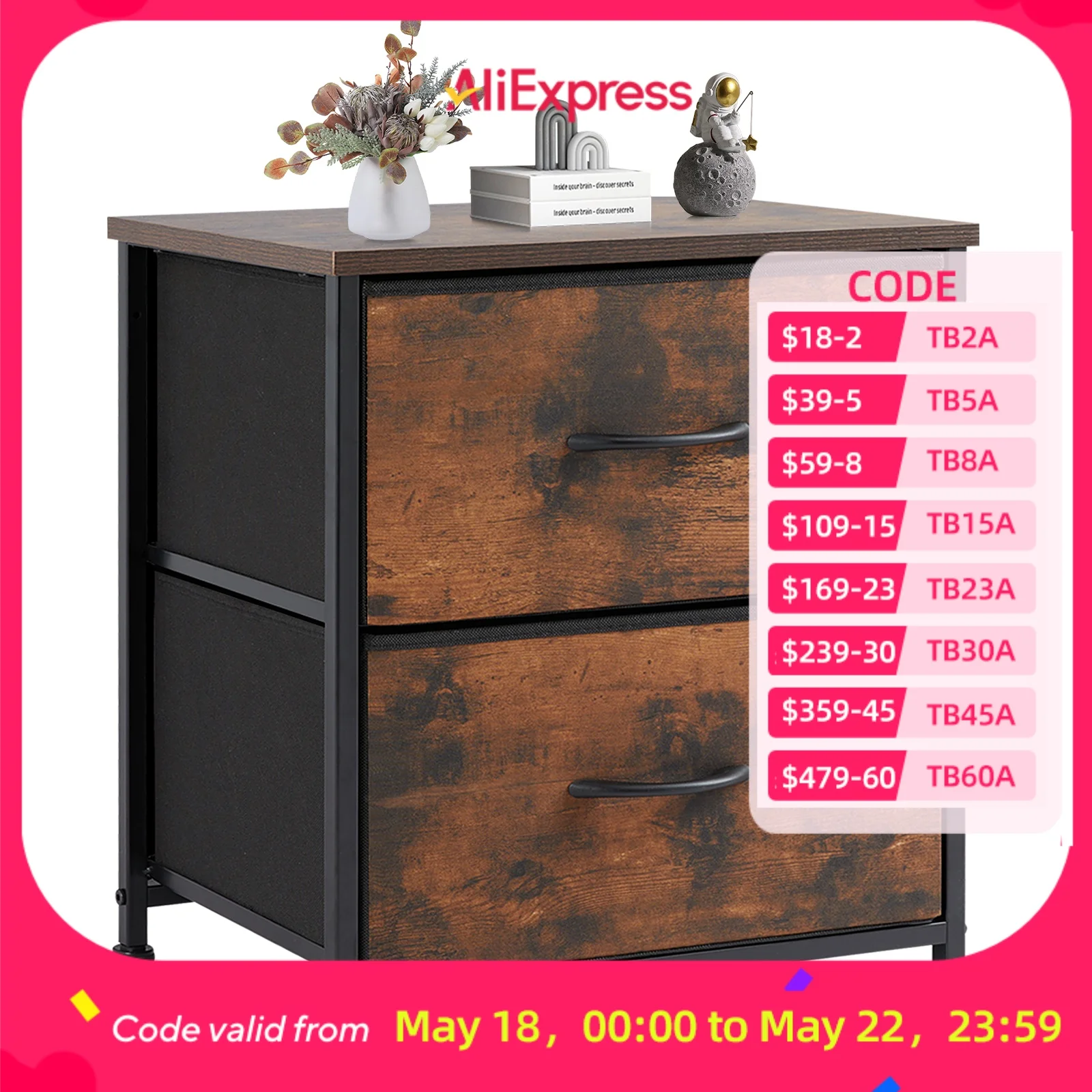 JHK mesita de noche, sofá de café, mesa de té, armario de almacenamiento, pecho, exhibición de ropa para dormitorio, 2 cajones de tela, mueble