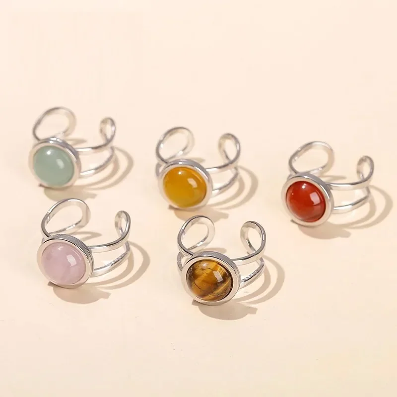 10mm Healing Natural Stone Stainless Steel Open Rings Women Rose Quartz Green Aventurine Adjustable Crystal Jewelry