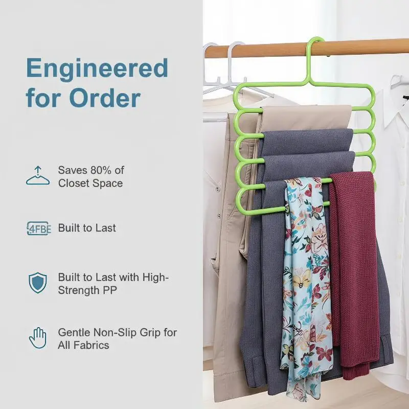 [L] Multi Layer 5-Tier Pants Hanger Space Saving Slip Resistant Adjustable Design For Household Storage