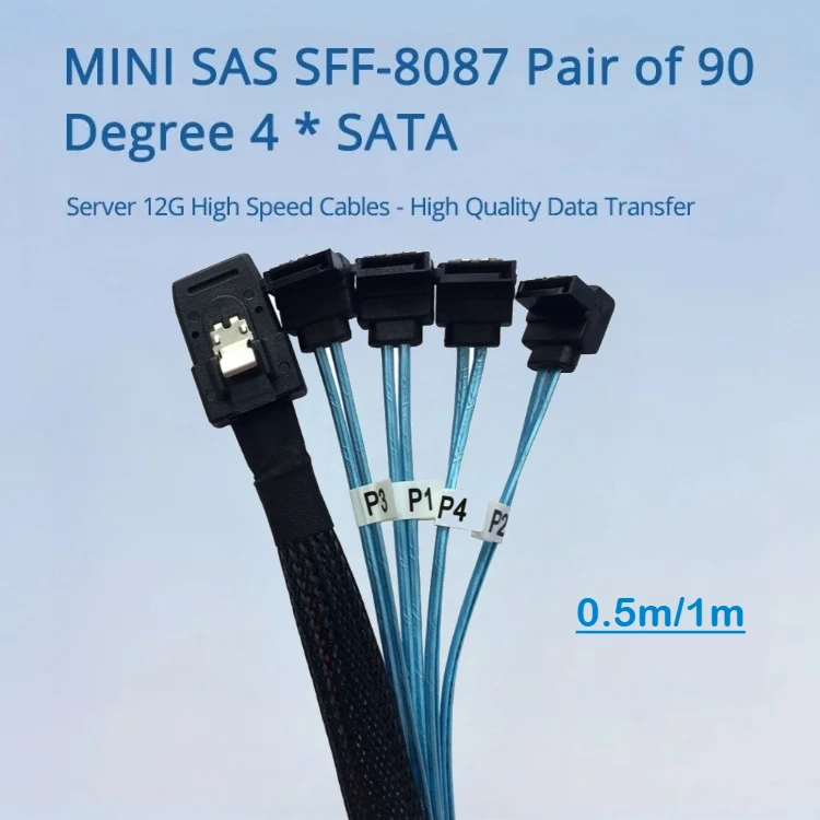 

Internal Mini SAS SFF-8087 To 4*SATA Right 90 Angled Converter Cable SFF8087 To 4 SATA 7-Pin 12Gbps Hard Drive Server Data Cable