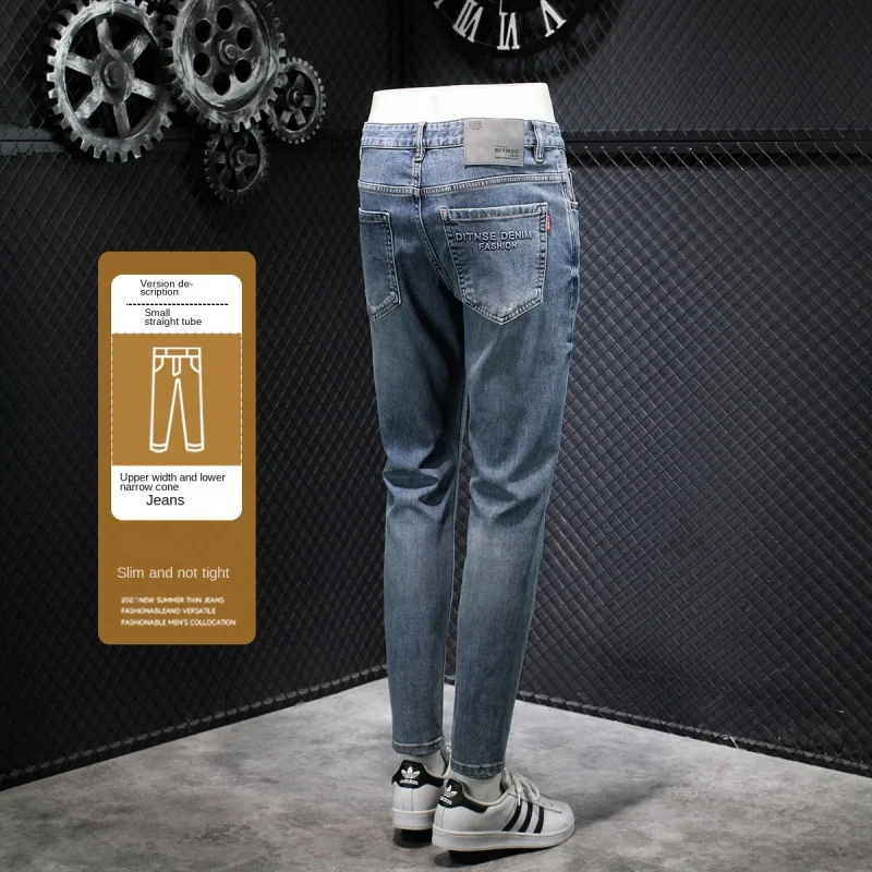 Letter Printed Washed Jeans Men's High-End Light Blue Stretch 2024 Fashion Men's Slim-Fitting Small Straight Trousers