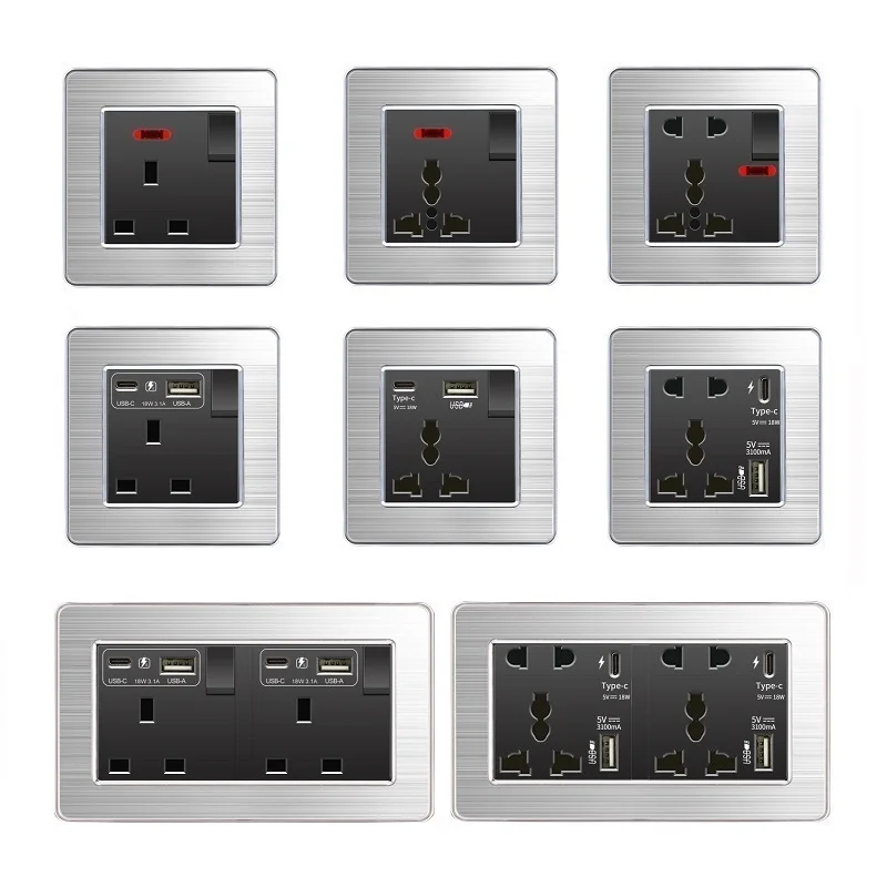 Metal UK Standard Single Twin Socket with USB 3.1A Fast Charge Type C USB Stainless Steel Brushed Panel