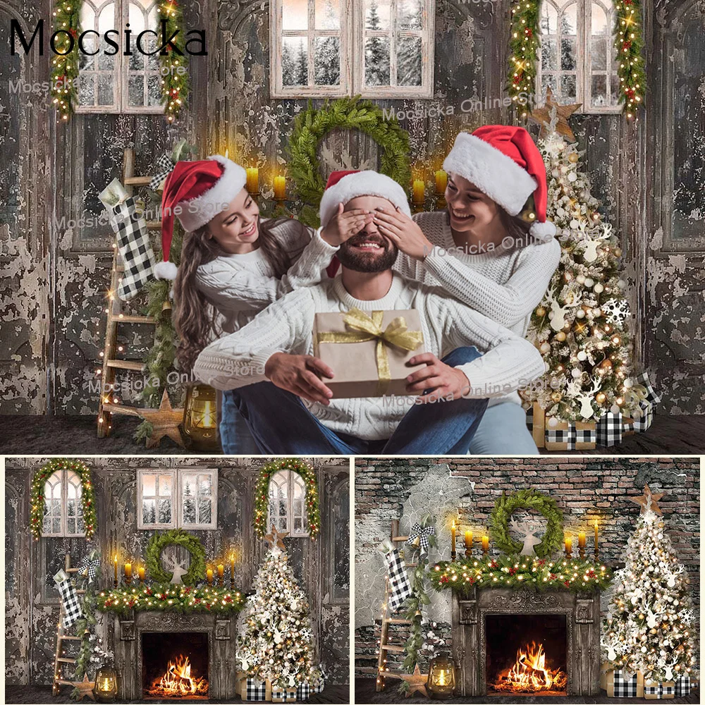 

Wooden Fireplace Winter Photo Background for Portrait Xmas Tree Retro Winter Party Backdrop Decor Window Wreath Santa Gift Shoot