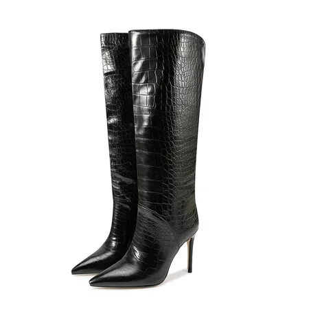 

Winter Brown Black Embossed Leather Mid Boots Pointed Toe Fleece Lined Tapered Heel Boots New From Luxury Brand Arden Furtado