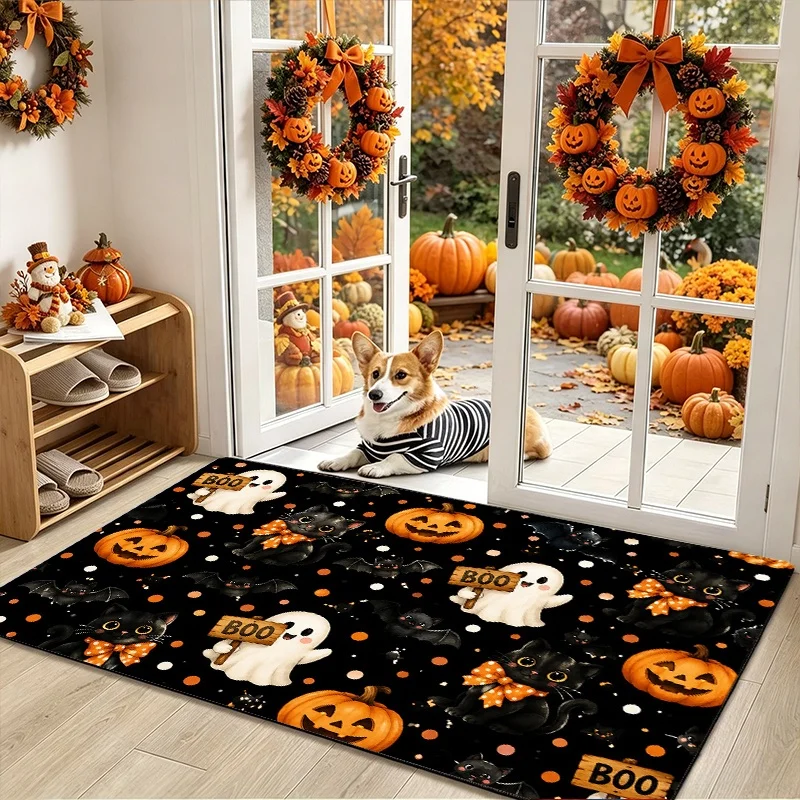 Happy Halloween Ghost Pumpkin Doormat, Moon Bat Haunted House Print Entryway Mat, Spooky Front Door Decor