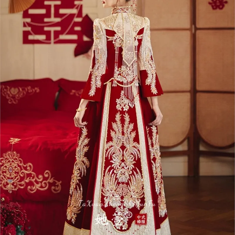Velvet wedding dress new gown Chinese-style and