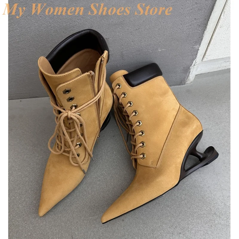 مدبب تو غريب نمط كعب الجوارب الدانتيل يصل سستة البني موضة الكاحل 2025 النساء الأحذية الصورة الحقيقية رائجة البيع المدرج الأحذية #3