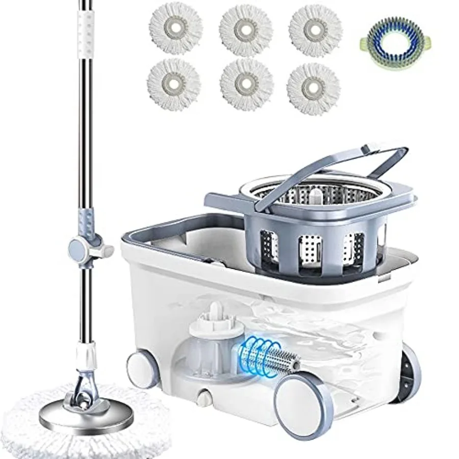 

Spin Mop Bucket Deluxe 360 Spinning Floor Cleaning System with 6 Microfiber Replacement Head Refills62" Extended Handle 4X Whee