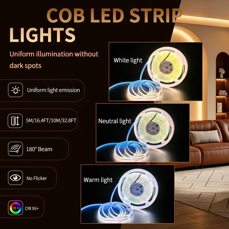 Ultra-Thin 8mm 5V COB LED Strip, 320 LEDs/M CRI90, Mood Backlight for Cabinets, Mirrors, Kitchen, Bedroom, Stage & DIY Decor