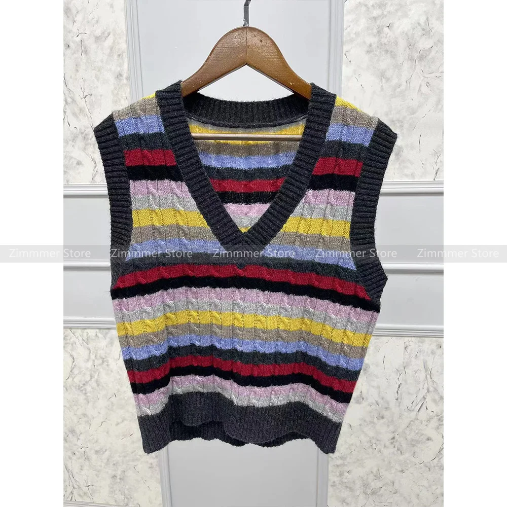 Fashion Women's 24 Early Autumn Clashing Stripes V-Neck Retro Chic Knit Sweater Vest Sleeveless Vest Sweater Top