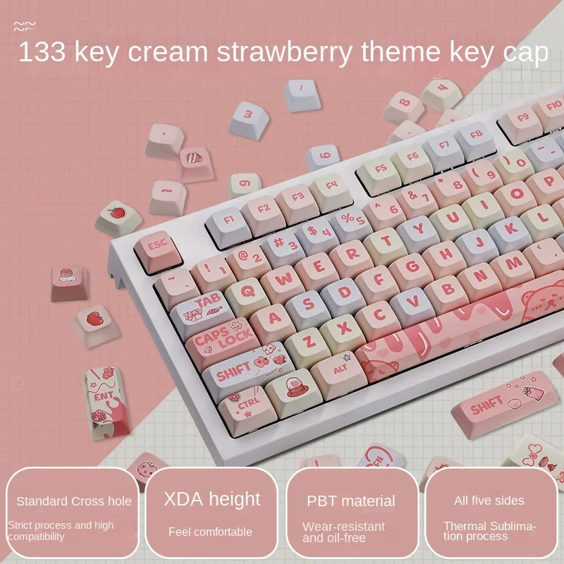 

Cream Strawberry Theme Keycap 133 Keys Cute Pink Keycap PTB Five-sided Sublimation XDA Height Mechanical Keyboard Keycap