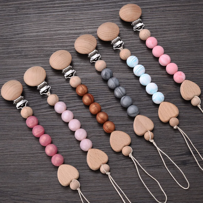 3Pcs Baby Beech Pacifier Clips Heart Wood Silicone Pacifier Chain Clip Pendant Dummy Nipple Holder Anti-drop Accessory