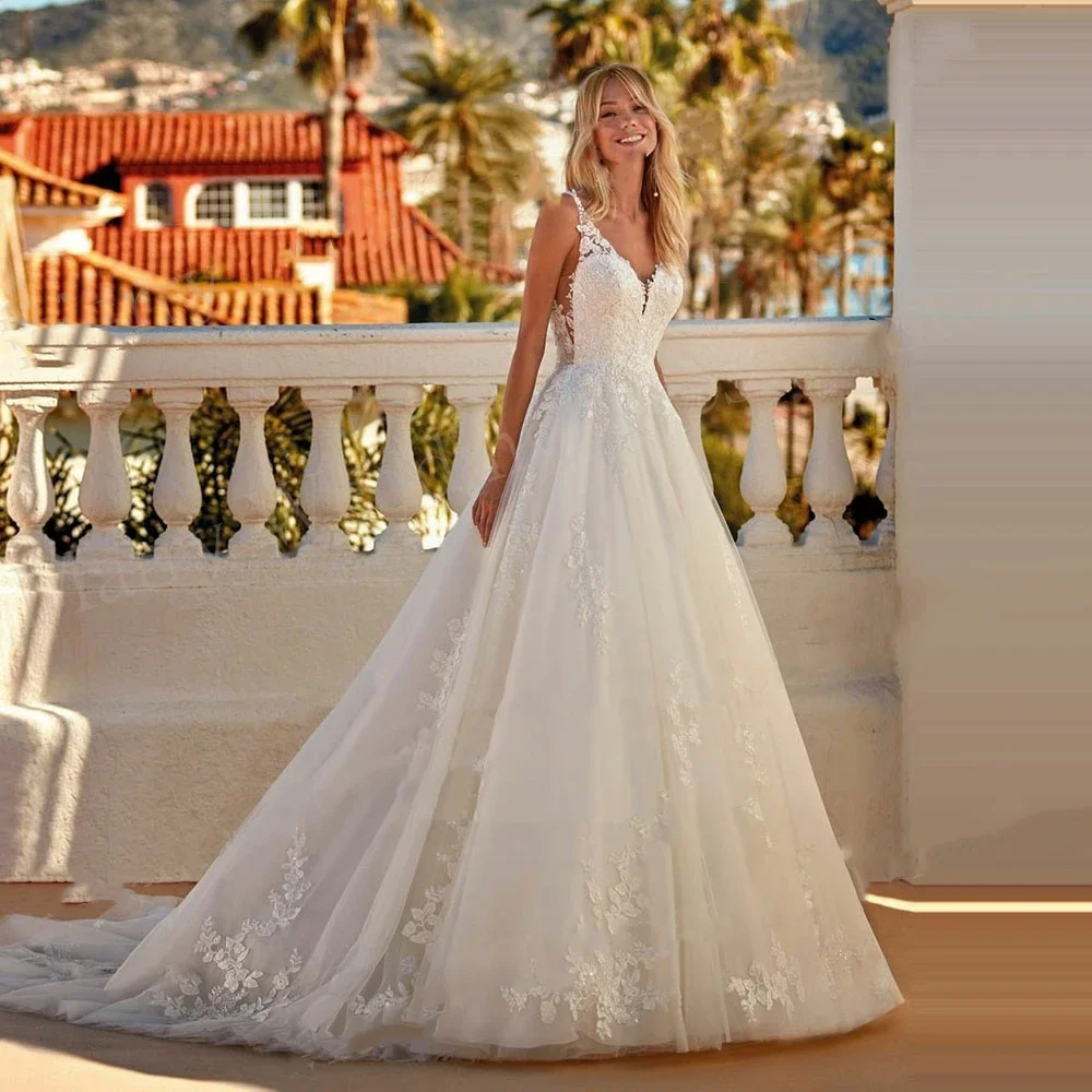 Em zhu personalizado uma linha vestidos de casamento feminino apliques rendas com decote em v vestidos de noiva sexy sem costas sem mangas tule robes de mariée