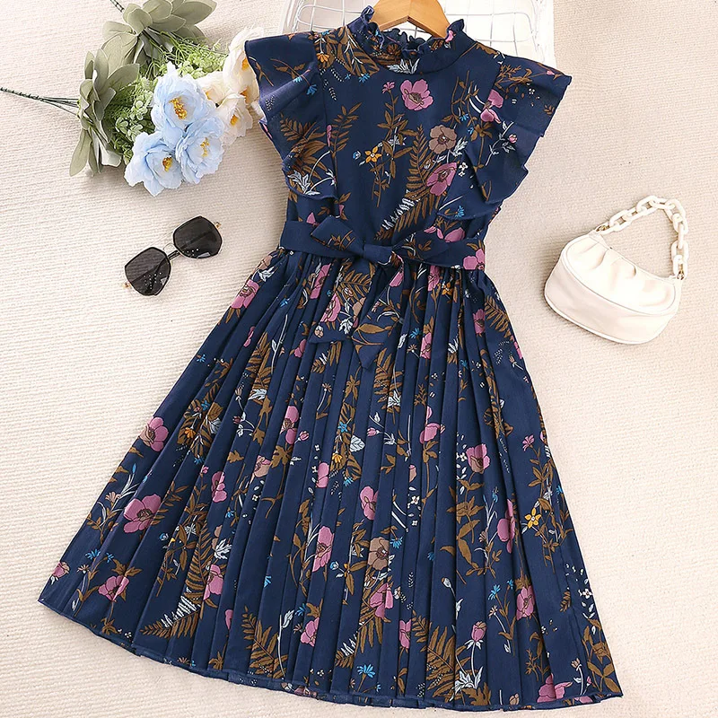 Kids Floral Print Casual Dress for Girls Summer 2023 New Children Sleeveless Princess Pleated Dress with Belt Clothing 7-14Y