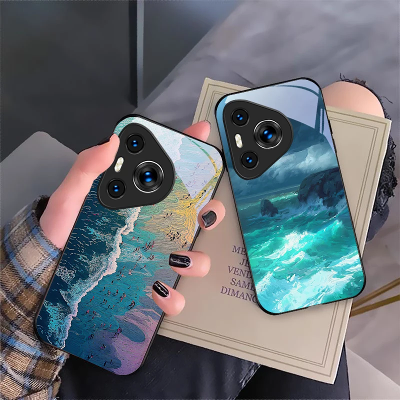 

Beach Waves Blue For Huawei P50 40 60 20 Pro Pura 70 Ultra P30 Lite Honor Nova 8i 10 9 SE 13 12S 5T 10 Black Glass Phone Case