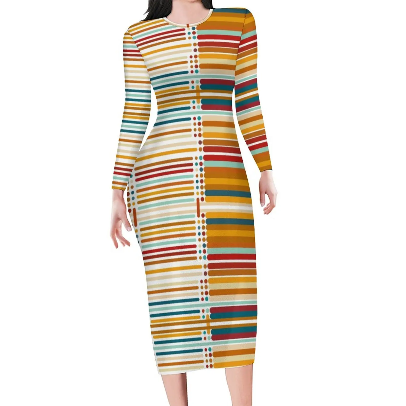 

Dots And Stripes Dress Long Sleeve Multicolor Print Elegant Dresses Autumn Women Aesthetic Printed Bodycon Dress Large Size