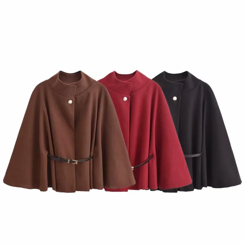 TRAF-Capa corta para mujer, chaqueta roja, marrón y negra, abrigo con manga de murciélago, nuevo en abrigos y chaquetas, capa elegante con cinturón, prendas de vestir exteriores 2024