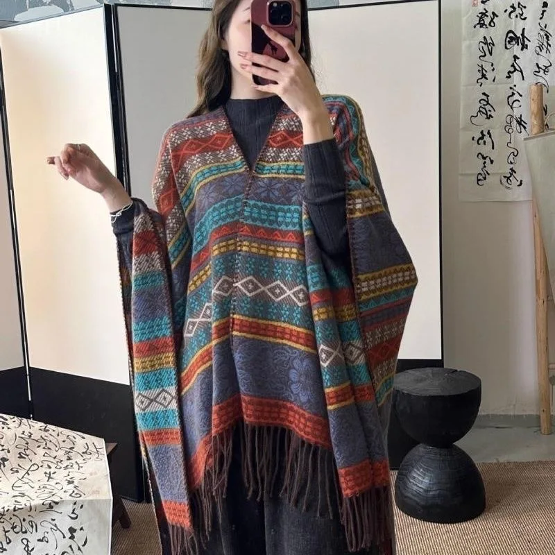 2025 Bohemian New Travel Retro Ethnic Style Striped Female Versatile Summer Premium Shawl Neckechief Bufanda New Poncho Echarpe