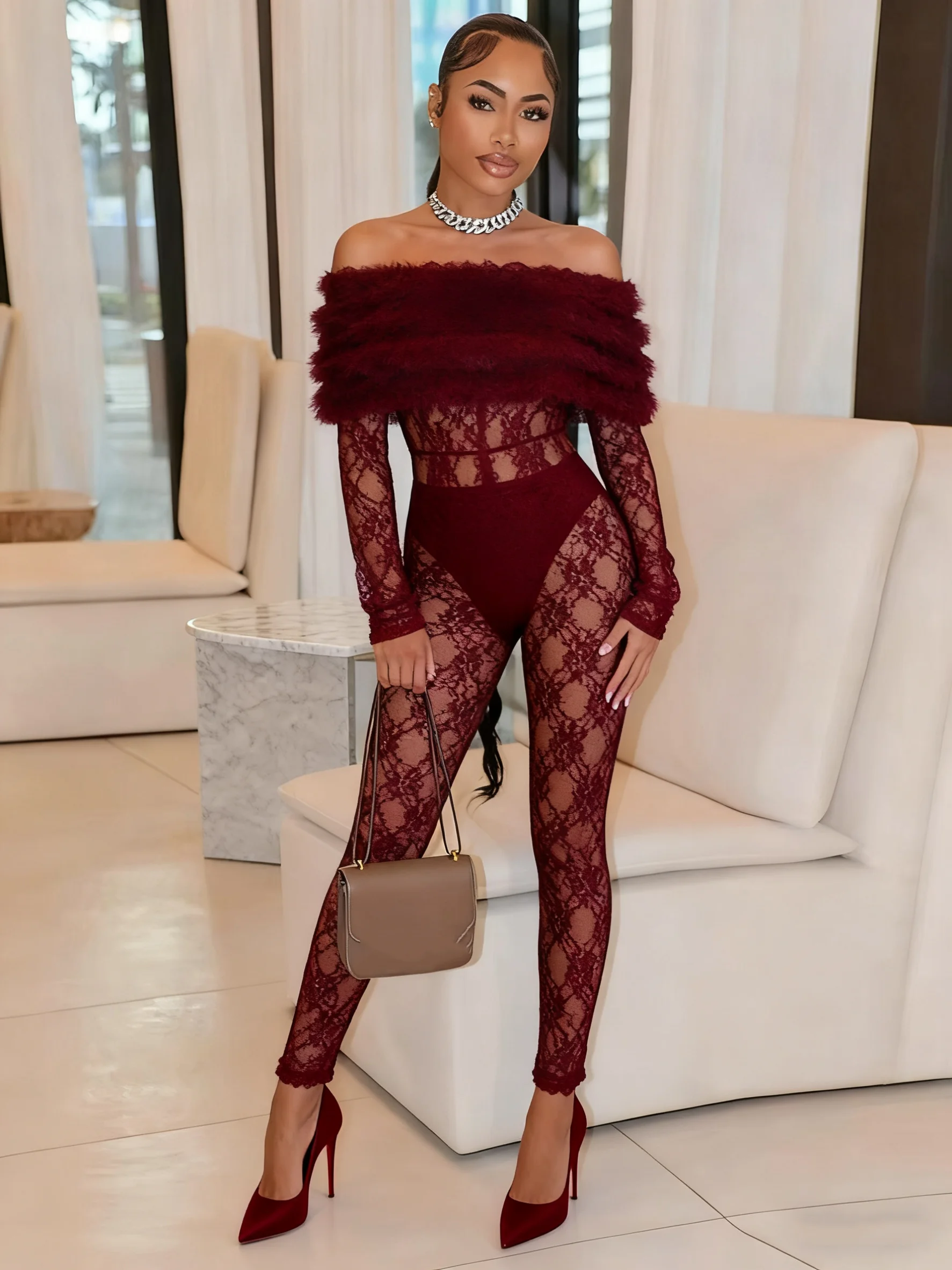 

Sexy See Through Jumpsuits Woman Furry Patchwork Slash Neck Backless Full Sleeve Midnight Club Party Coquette Overalls