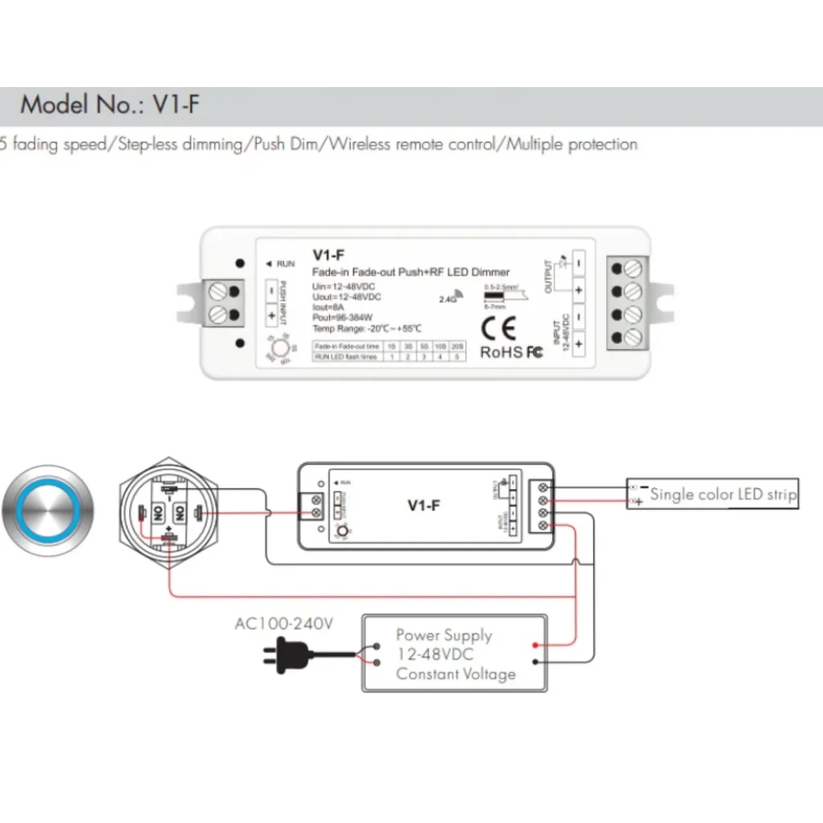 V1-F CV Fade-in Fade-out RF LED Dimmer Push Dim 12V-48VDC 1CH*8A 5 Fading Speed/Step-less Dimming For Single Color LED Strip