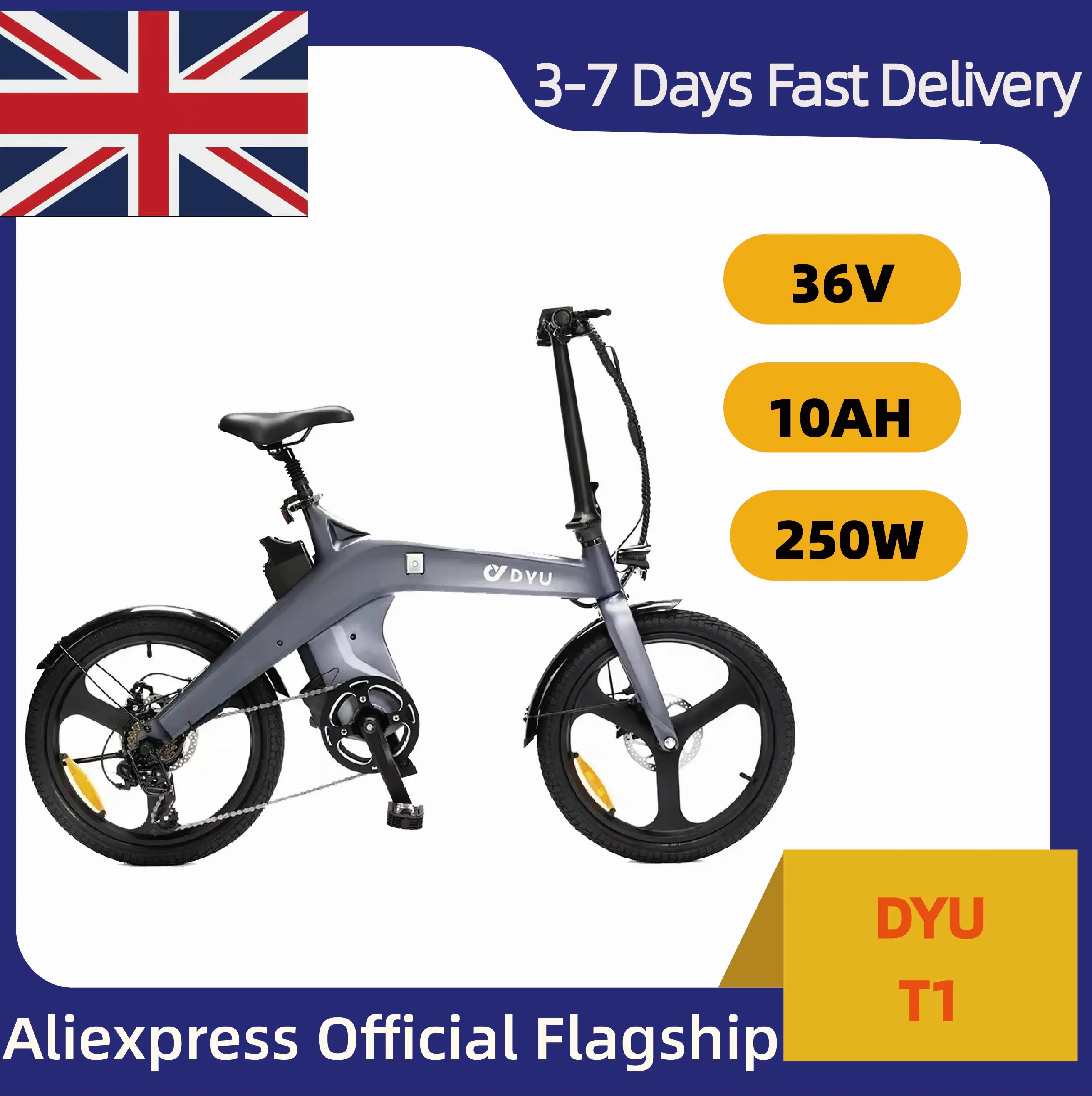 DYU  T1 Folding Electric Bike 250W Motor 36V10AH Battery 20 inch Tire Commuter Ebike for Cycling and Sports