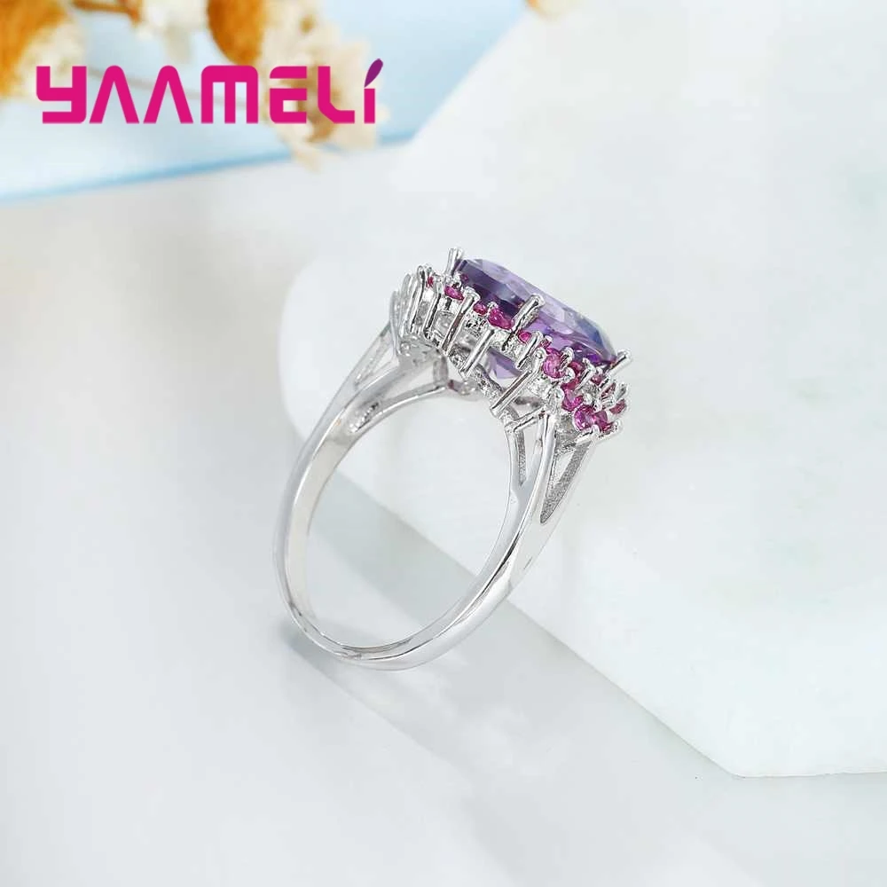 Luxury Fashion Purple Flower Crystal Stone Ring Party Engagement Wedding Ceremony Jewelry For Women 925 Sterling Silver