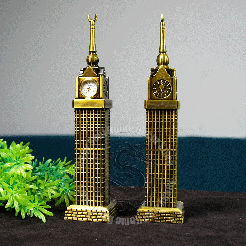 برج الساعة الملكي المعدني من Mecca نموذج فندق إسلامي المملكة العربية السعودية Mecca Landmark بناء تذكار فريد هدية ديكور قابلة للجمع