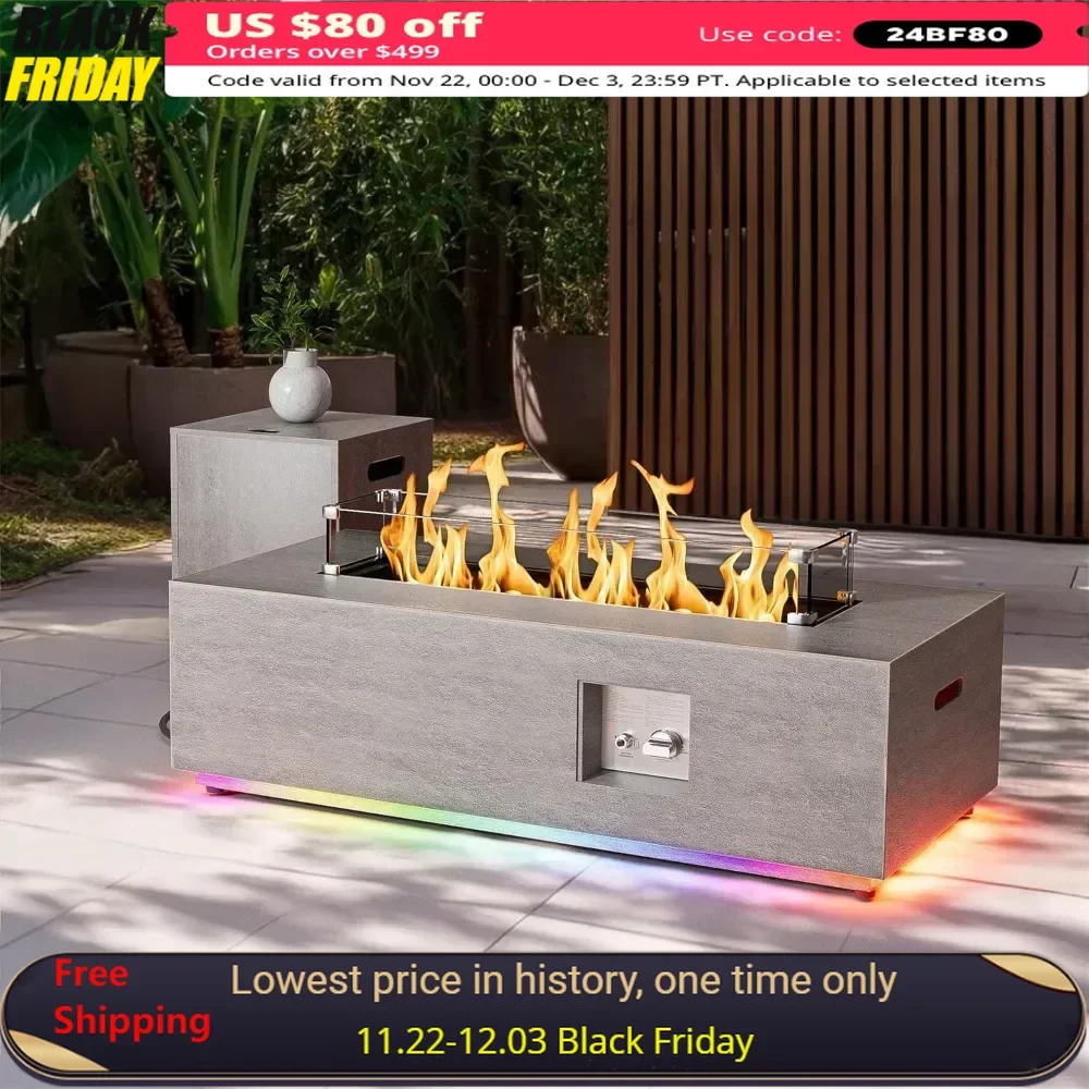 42'' Fire Pit Table with RGB LED Lights，50,000 BTU Propane Gas Fire Pits with Tempered Wind Guard Glass，Firepit Table