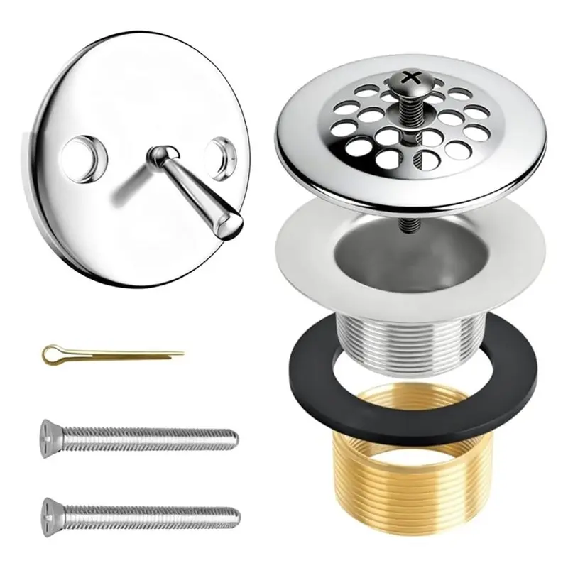 A02F-Replacement Kit For Chrome Tub Drain- Includes Tip-Toe Stopper, Brass Adapter& Overflow Plate Fits 1-1/2