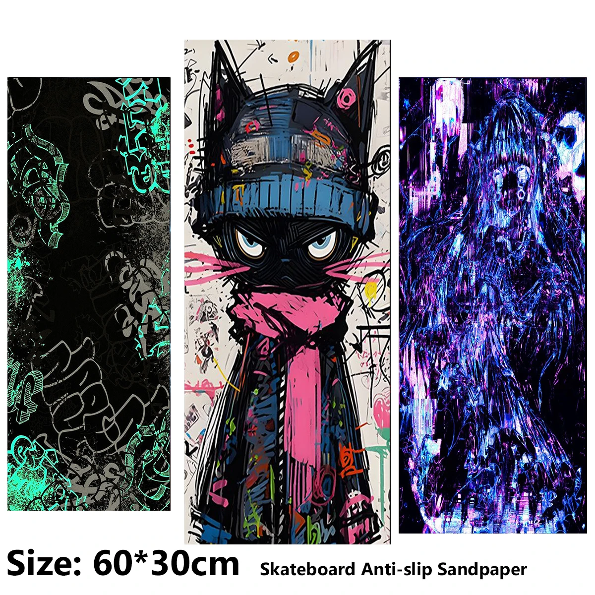 Electric Scooter Anti-slip Sticker Sandpaper Skateboard GripTape Sheet 60*30cm Cat Graffiti Poker Comic Pattern