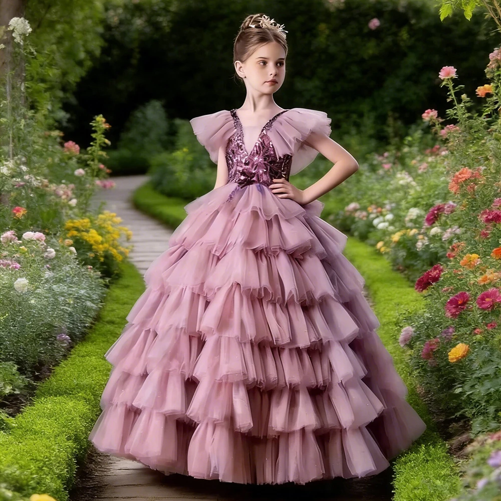 

Flower Girl Dress Dusty Purple Ruffled Layered Tulle Ball Gown Flutter Sleeve Sequin Pageant Dress for Birthday Party Wedding
