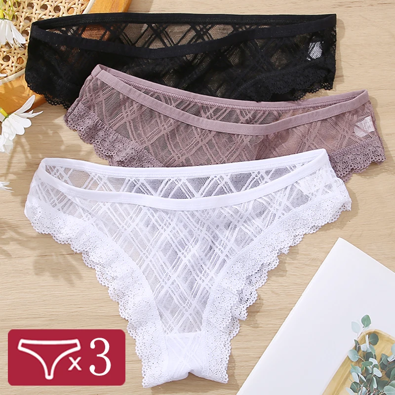 FINETOO 3Pcs/Set Women Lace Panties Sexy Low Waist Brazilian Briefs Transparent Hollow Out M-2XL Sexy Intimate Big Size Lingerie