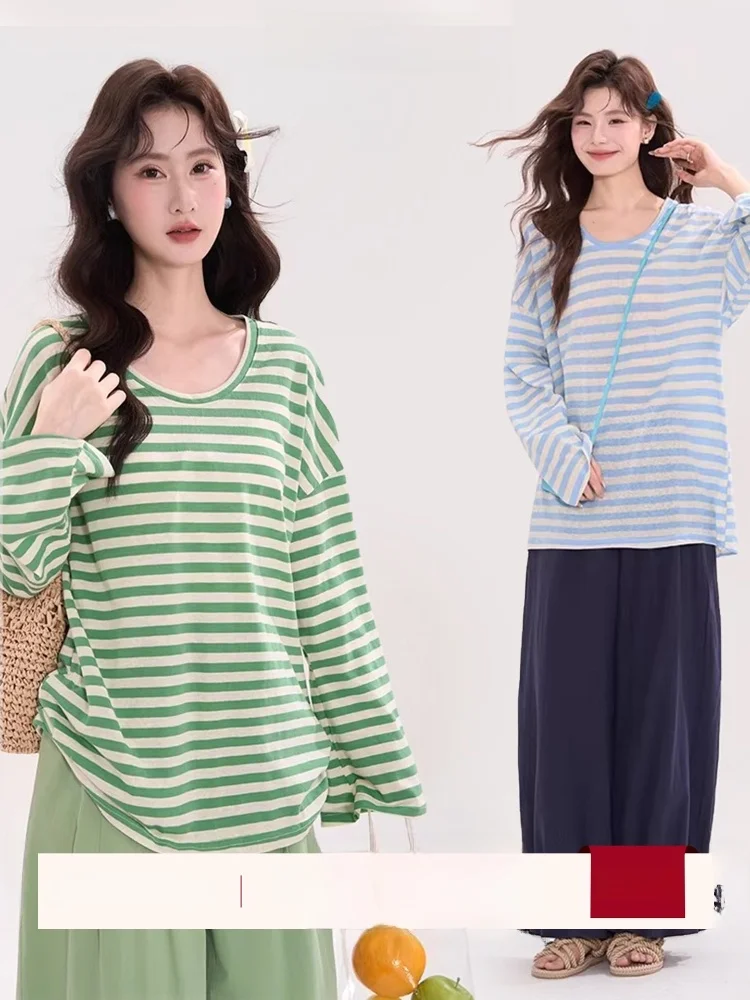 

Heme Stripe Lightweight Long Sleeve round Neck T-Shirt Women's Spring Casual Style UV Protection Cover up Casual Fashion