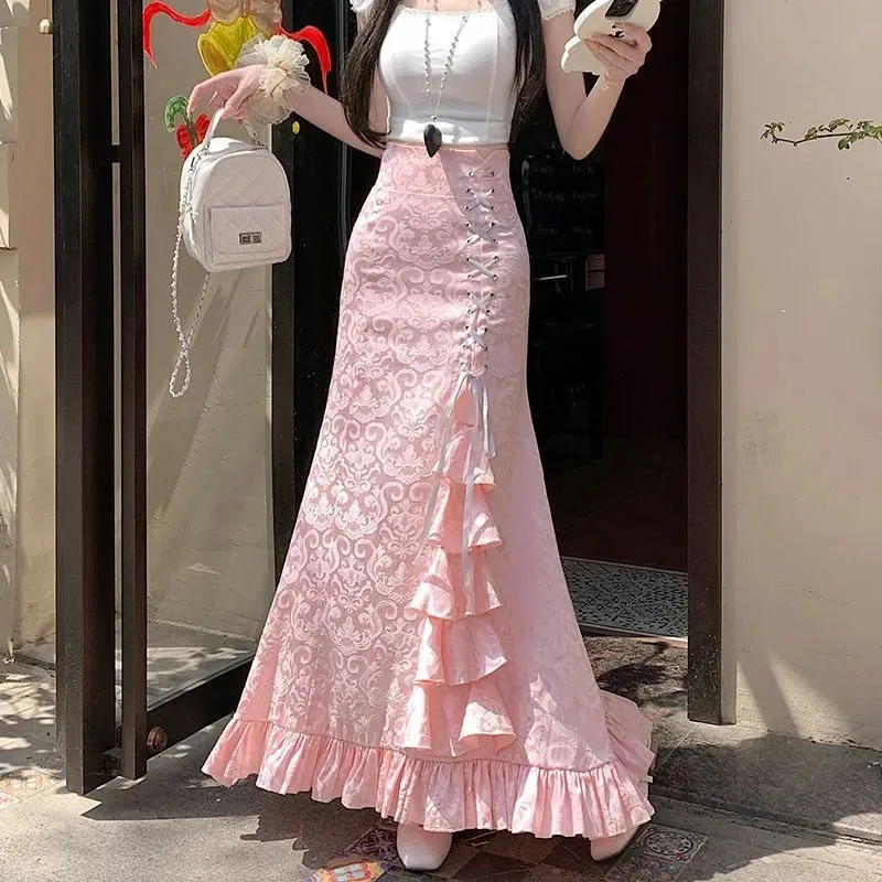 

Весенние женские модные однотонные длинные юбки с эффектом «рыбий хвост», корейские женские юбки макси с высокой талией, летние женские юбки с принтом и шнуровкой.