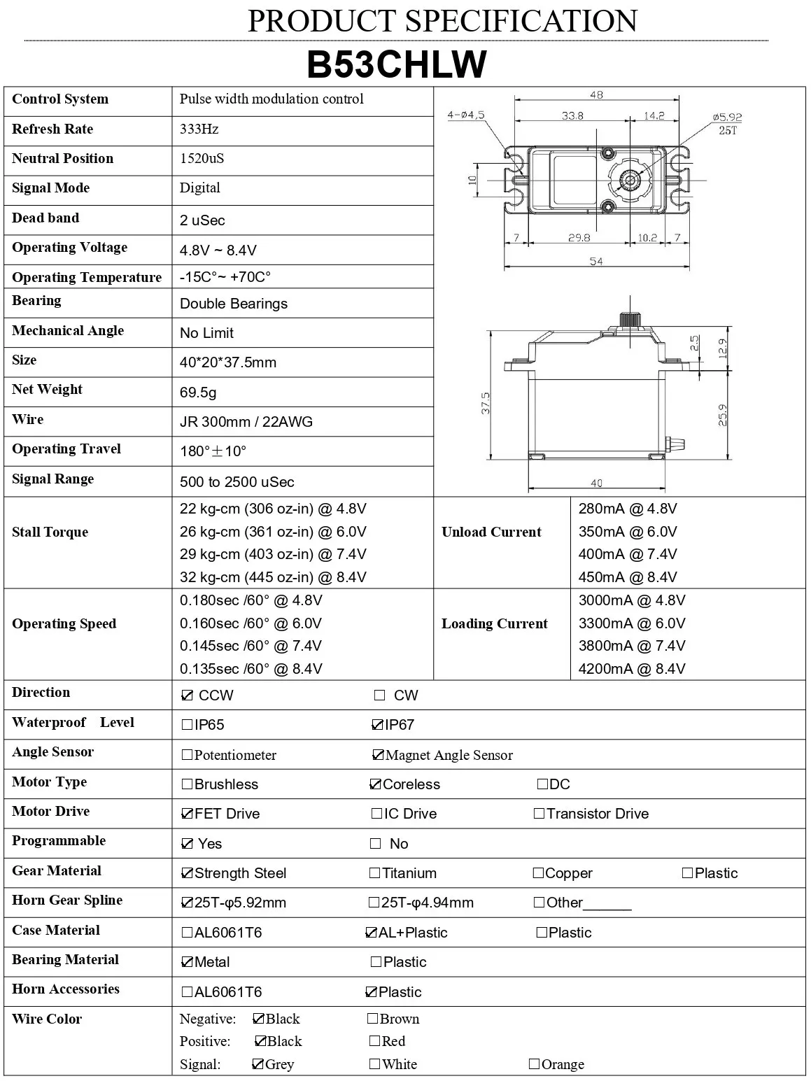 Agfrc b53bhl v2 b53chl v2 31kg 32kg magnetisches wasserdichtes kernloses Drehmoment schnelles programmier bares bürstenloses Standard-RC-Servo – Detail 7