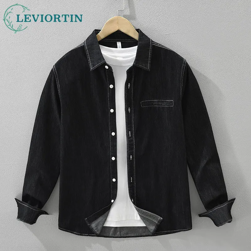 2025 Spring and Autumn Men's Fashion Versatile Artistic Casual Loose Top Japanese Retro Solid Color Cowboy Long Sleeve Shirt