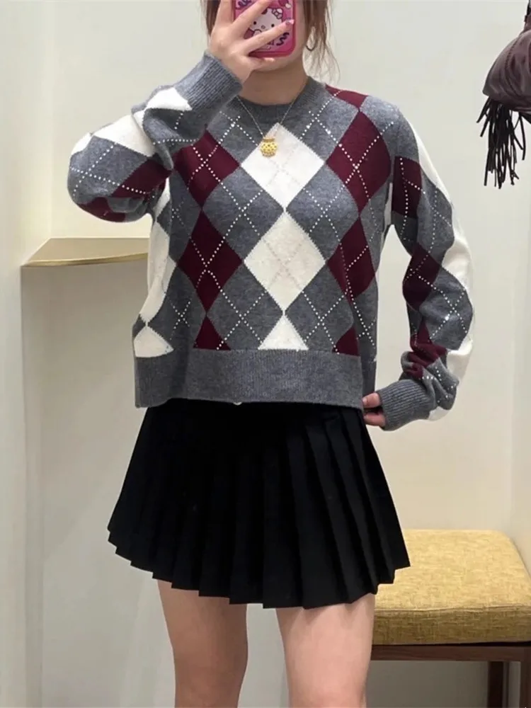 High-End Version Casual Knitted Long Sve Diamond-Embroidered Leisure Sweater ort Knitted Top for Women