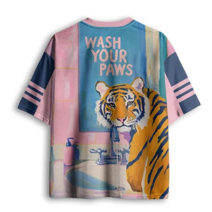 Wash Your Paws Tiger Oil Painting Print Men V Neck Mesh Jersey Cute Animal Short Sleeve Top