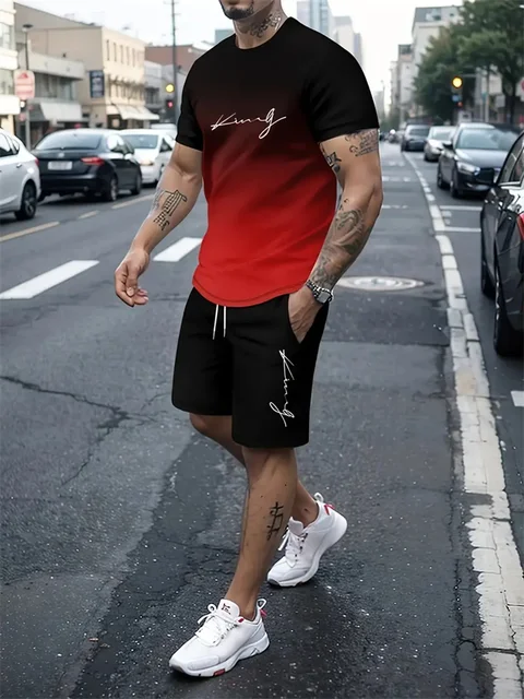 2025 new summer men's sportswear, men's loose fashion clothing, 3D printed T-shirt shorts, men's simple clothing fashion set, li 4