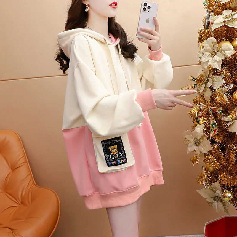 American Style Retro Women's Sweat Street Korean Style Design Mid-length Color Matching Loose Pullover Lace-up Y2K All-match