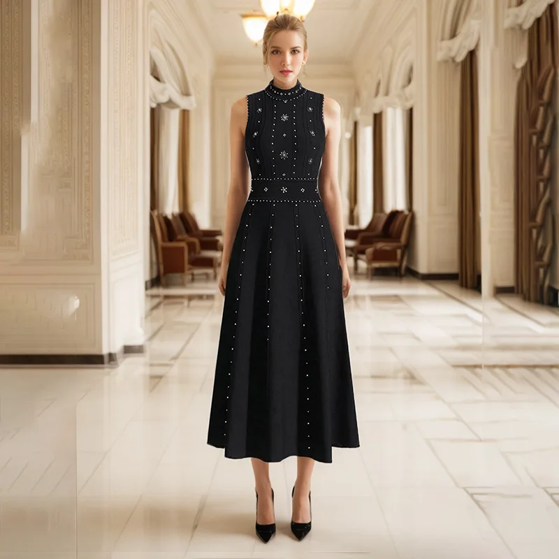 

Temperament elegant wind bead-encrusted diamond round neck sleeveless waist slim A-shaped dress fashionable simple luxury high-e