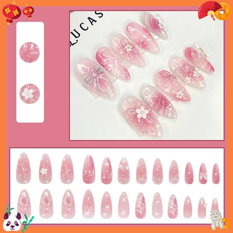 30pcs Red Flowers Printed Press on Nails French Almond Pink Blush False Nail Tips Wearable Reusable INS Fashion Fake Nails