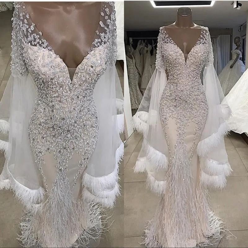 

High Quality Deep V Neck Luxury Feather Beaded Mermaid Wedding Dresses with Cape Floor Length Plus Size Vestidos Bridal Gowns