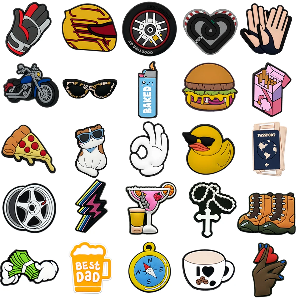 1/25PCS Cool Lifestyle PVC Shoe Charms for Clogs, Motorcycle, Burger, Sunglasses DIY Accessories for Men & Teens Shoe Decoration