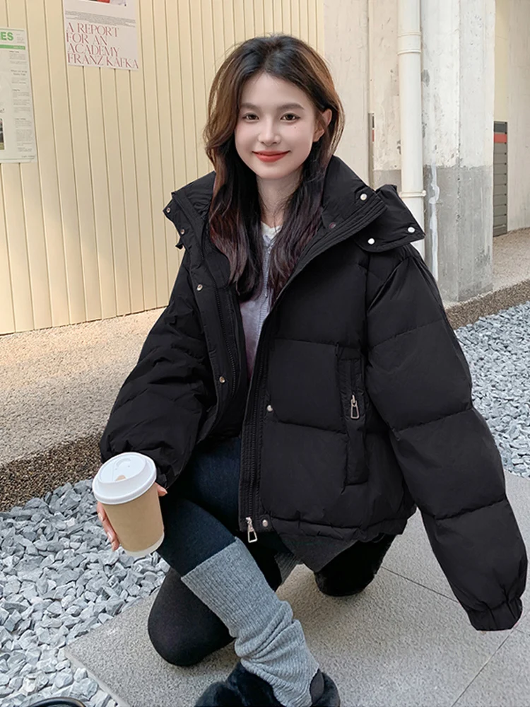 

Women's Winter Thiened Cotton Jaet ort Puffy Hooded Coat Loose Fit Bread Sle Outerwear Korean Version Straight Tube