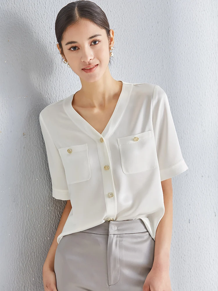 

Ele Acetate Satin Women's irt f Sve V-Ne ort Sve Top French Sle Straight Cut Pure Color Summer New Arrival