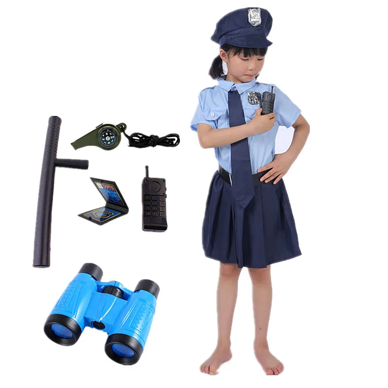 Vestido de policía para niñas, uniforme de oficial, disfraz de Halloween, juguetes de policía, accesorios con walkie talkie, silbato, bastón, regalo