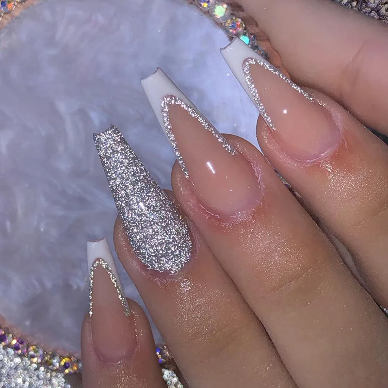 24Pcs Long Ballet Press on Fake Nails Pink French Flame Heart Full Cover False Nails Design Detachable Artificial Manicure Tips