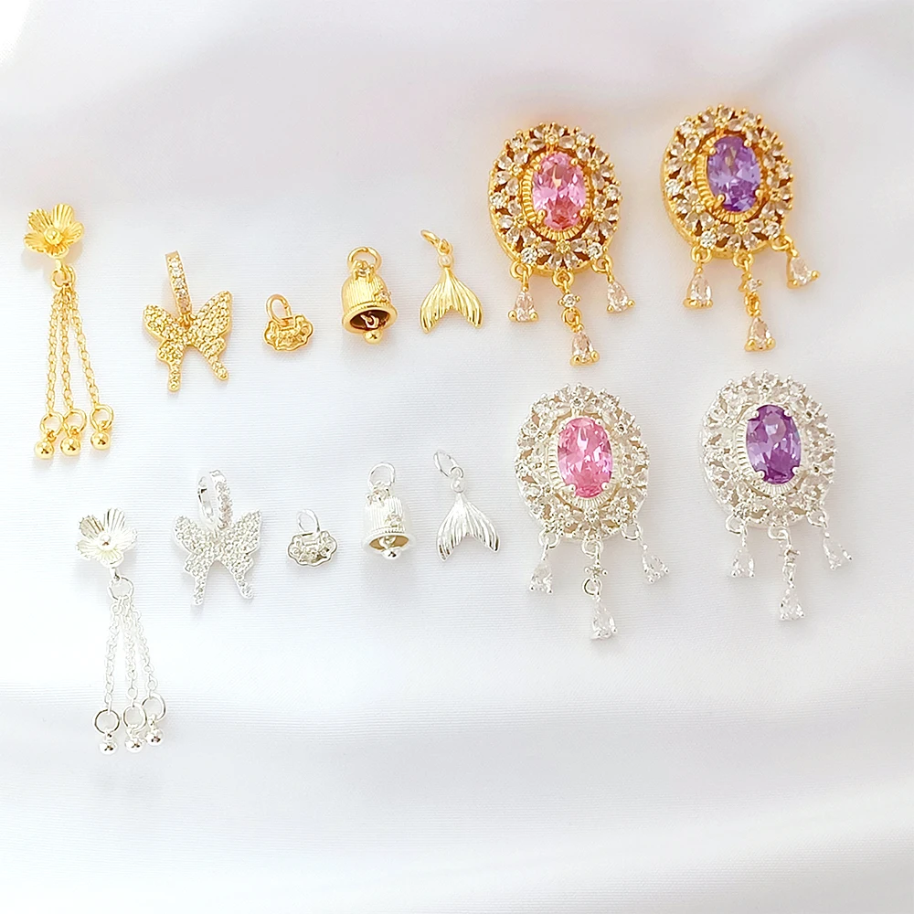 Brass Coated Gold Zircon Inlay Flower Tassel Bell Pendant DIY Jewelry Making Necklace, Bracelet, Clothing Accessories Materials