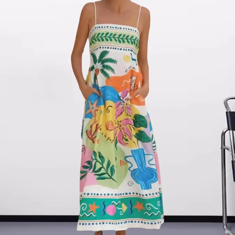 Frauen Sommerkleid Cartoon Print Spaghetti träger Maxi kleid mit Seiten taschen für Sommer Strand urlaub A-Linie Slip Kleid mit großen